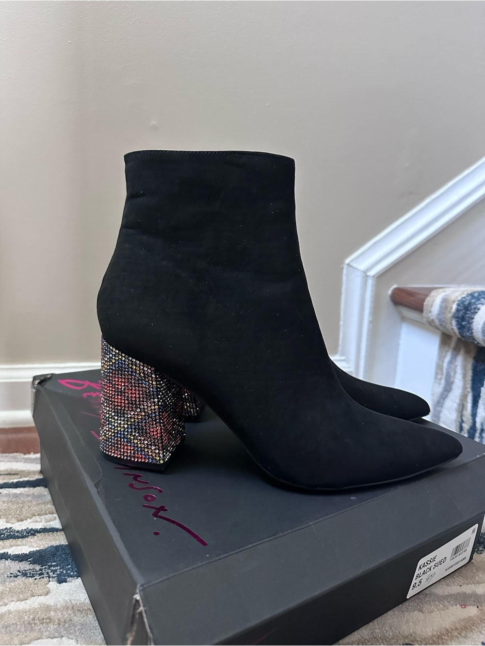 Betsy Johnson Black Suede Ankle Boots with Multicolor Crystal Block Heel